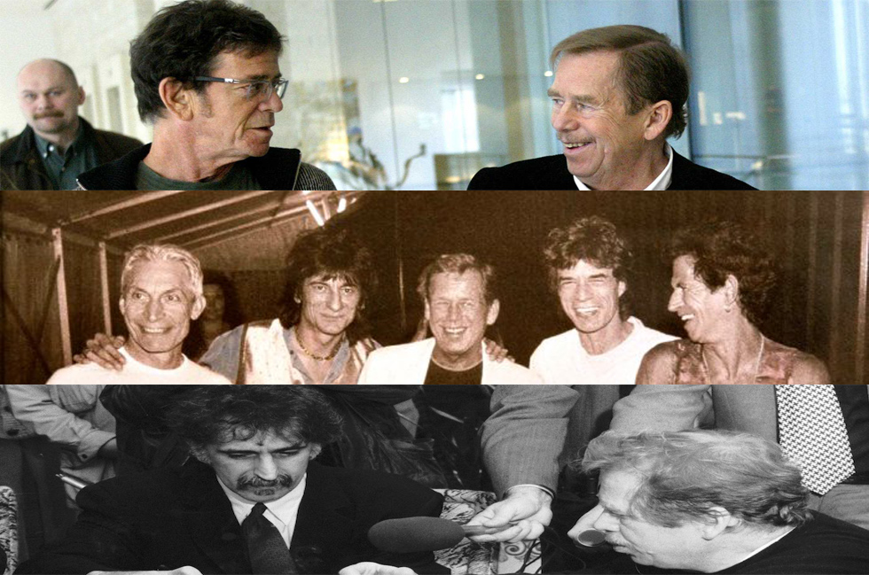 Havel meeting with famous friends Lou Reed (top), the Rolling Stones (center), and Frank Zappa (bottom).
