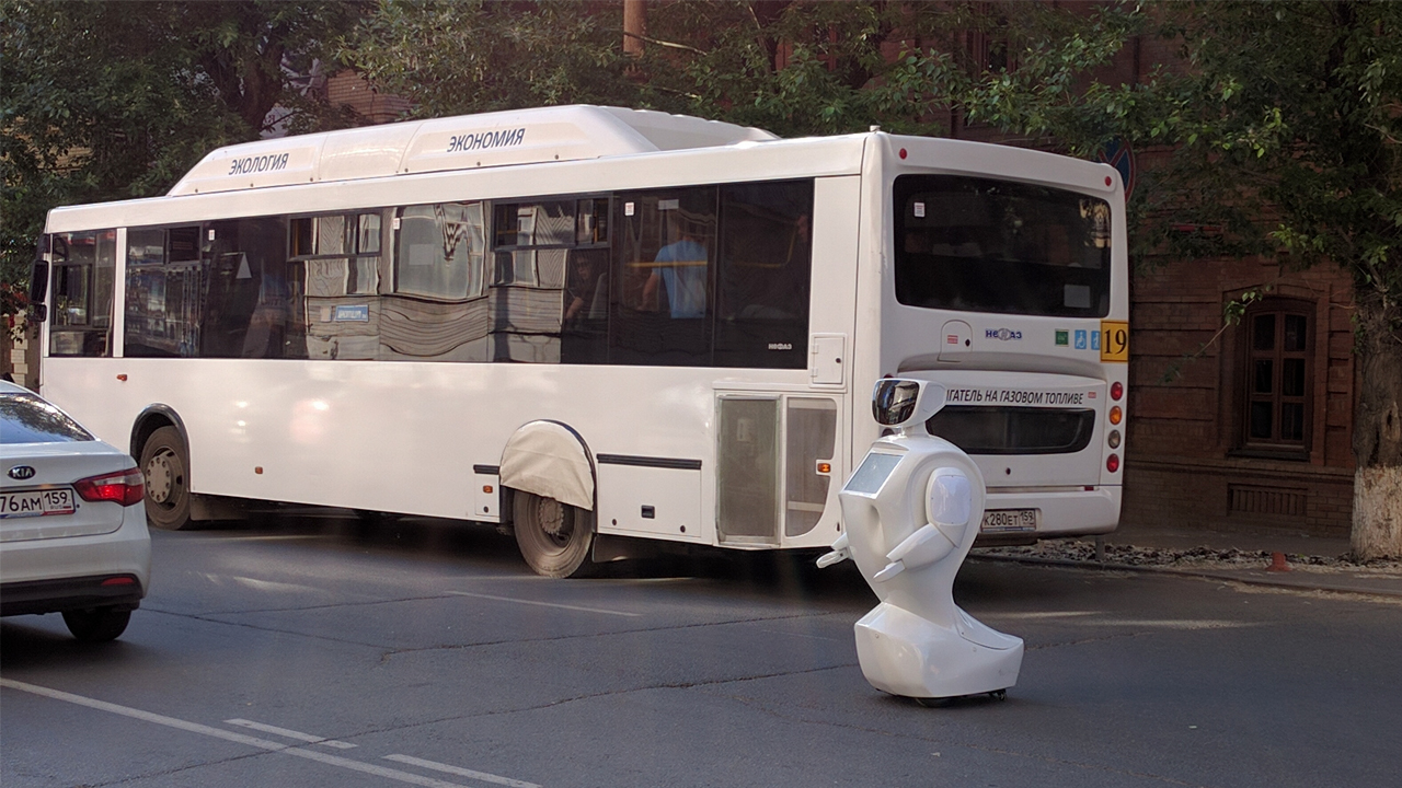 Escaped robot blocking traffic in Russia.