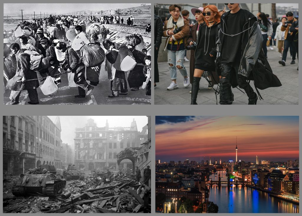 Refugees flee to Pusa-Sijang to escape fighting in Seuol during the Korean War (Top Left), and affluent Seoulites gear up for Fashion Week 2016 (Top Right). Berlin at the end of WW2 (Bottom Left) and Berlin in 2016 (Bottom Right).