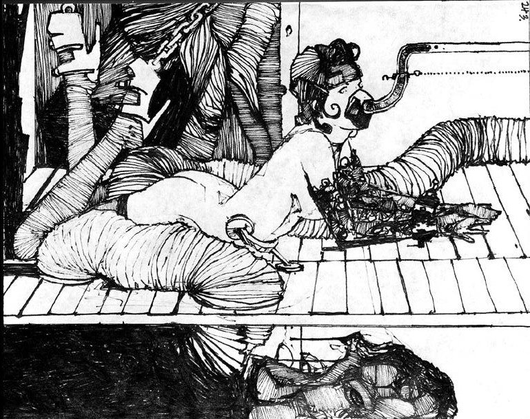 Illustration by visual artist / adult performer Zak Smith, from his book "Pictures Showing What Happens on Each Page of Thomas Pynchon's Novel Gravity's Rainbow" (2006) - page 243.