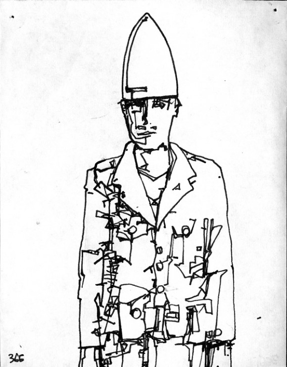 Illustration by visual artist / adult performer Zak Smith, from his book "Pictures Showing What Happens on Each Page of Thomas Pynchon's Novel Gravity's Rainbow" (2006) - page 366.