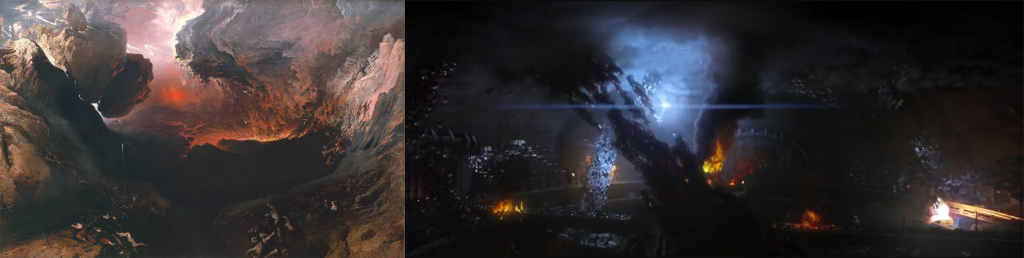 Protestant mysticism and the art of Apocalyptic landscape: “The Great Day of His Wrath” by British romantic painter John Martin, c1853 (left) and the Battle for Zion (right).