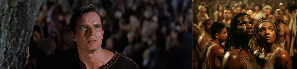 Religious awe in Hollywood: Ben-Hur witnessing the Crucifixion (left), Link and Zee reacting to Neo's triumph (right).